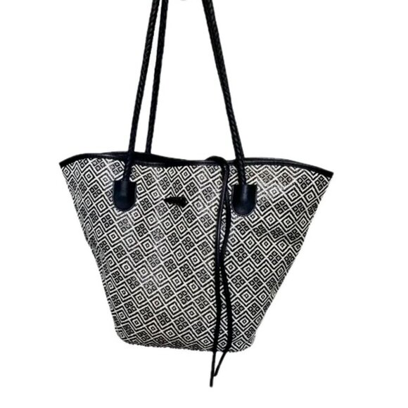 Neiman Marcus Tribal Bucket Bag Tote Black White Diamond Braided Handles EUC - Picture 1 of 6